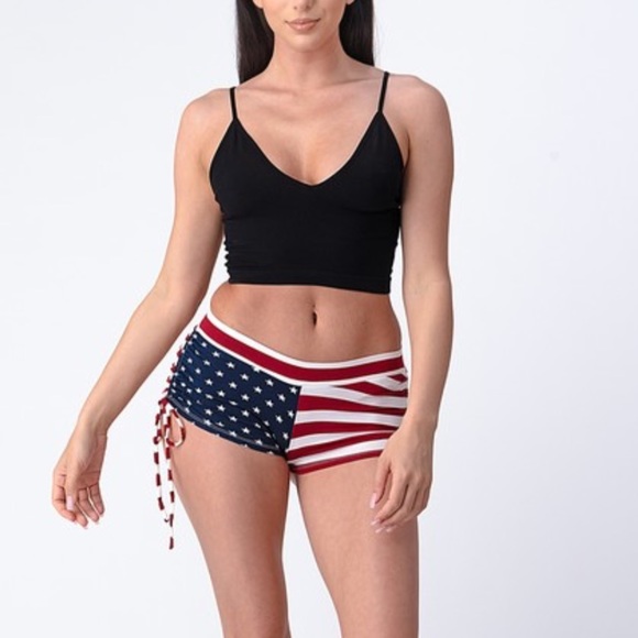 New! USA Red White Blue Flag Side Tie Ruch Shorts - Picture 3 of 6